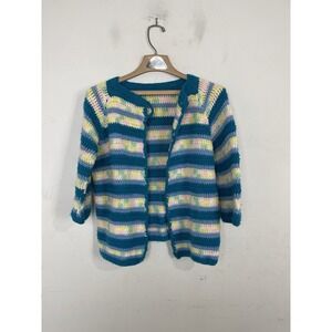 Hand Knit Womens Cardigan Small Striped Rainbow Crochet Twee Grandma Granny